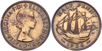 Великобритания 1/2 пенни 1956 Елизавета II (1952-2022) KM 896, Spink 4158 бронза    4153-326