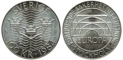 Швеция 100 крон 1984 Карл XVI Густав (1973- ), Стокгольмская конференция KM 863 серебро BUNC 4111-1224