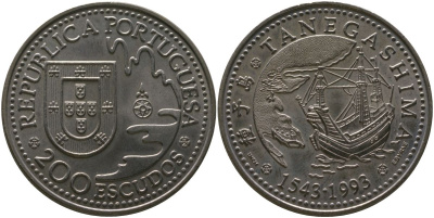 Португалия 200 эскудо 1993 INCM, 450 лет с момента первой высадки в Японии на острове Танегасима KM 665 медно-никель aUNC 118-1034
