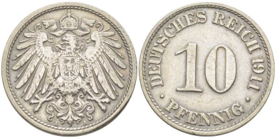ГЕРМАНИЯ 10 ПФЕННИГОВ 1911 А KM 12, J. 13 медно-никель 210-655