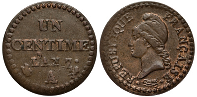 Франция 1 сантим L AN 7 А, Исполнительная директория (1795-1799) KM 646 (C 134) бронза 201-348