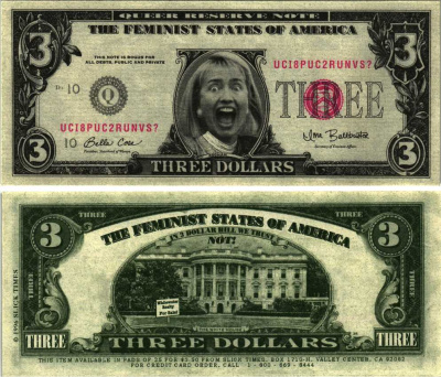 США 3 ДОЛЛАРА 1996 СУВЕНИРНАЯ БАНКНОТА, ХИЛЛАРИ КЛИНТОН, НАДПИСЬ THE FEMINIST STATES OF AMERICA бумага UNC (ПРЕСС) 7198-33-3-2