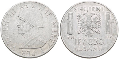 Албания 0,50 лека 1940 R, Итальянская оккупация KM 30 нержавеющая сталь 4538-154