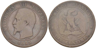 Франция 10 сантимов 1855 B, Наполеон III (1852-1870) KM 771.2, Le Franc 133.21 бронза 111-1024