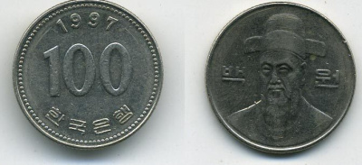 Южная Корея 100 вон 1997 Ли-Сунсин, корейский флотоводец KM 35.2 медно-никель 54-466