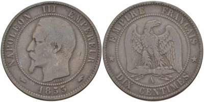 Франция 10 сантимов 1855 A, Наполеон III (1852-1870) KM 771.1, Le Franc 133.18 бронза    4680-512
