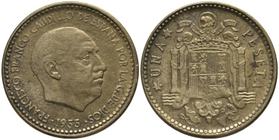 Испания 1 песета 1953 (56) Франциско Франко (1939-1975) KM 775 алюминиевая бронза 4579-836