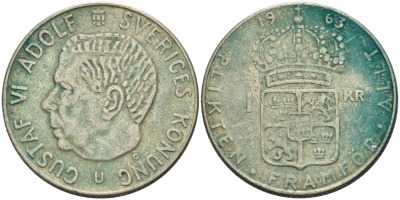 Швеция 1 крона 1963 U, Густав VI Адольф (1950-1973) KM 826 серебро 4571-616