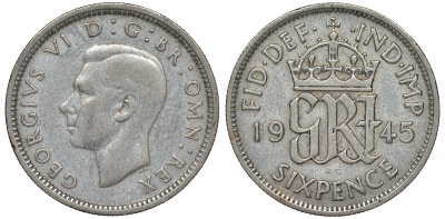 Великобритания 6 пенсов 1945 Георг VI (1936-1952) KM 852, Spink 4084 серебро 4124-742