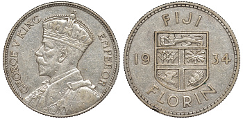 Фиджи 1 флорин 1934 Георг V (1910-1936), герб Фиджи KM 5 серебро    91-1134