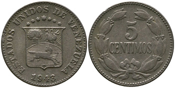 Венесуэла 5 сентимо 1948 KM 29a медно-никель 4576-612