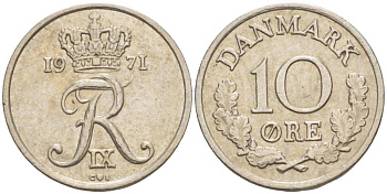 ДАНИЯ 10 ЭРЕ 1971 C; S, ФРЕДЕРИК IX (1947-1972) KM 849.1 медно-никель 4551-142