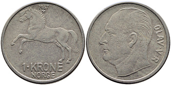НОРВЕГИЯ 1 КРОНА 1967 ЛОШАДЬ KM 409 медно-никель 51-2755
