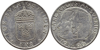 Швеция 1 крона 1990 Карл XVI Густав (1973- ) KM 852a медно-никель 4398-1227