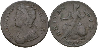 Великобритания 1/2 пенни 1738 Георг II (1727-1760) KM 566, Spink 3717 медь 4590-714