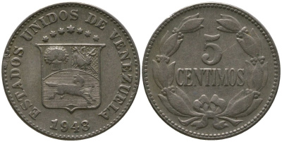 Венесуэла 5 сентимо 1948 KM 29a медно-никель 4576-612