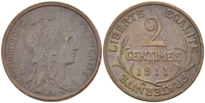 ФРАНЦИЯ 2 САНТИМА 1911 ТРЕТЬЯ РЕСПУБЛИКА (1871-1940) KM 840, LE FRANC 105.13 бронза 201-844