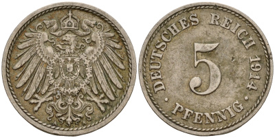 Германия 5 пфеннигов 1914 A J.12, KM 11 медно-никель    4598-1148