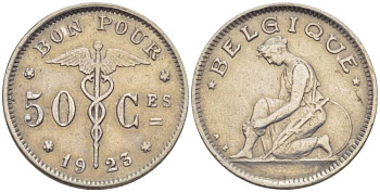 БЕЛЬГИЯ 50 САНТИМОВ 1923 BELGIQUE KM 87 никель 214-424