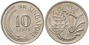 Сингапур 10 центов 1981 морской конек KM 3 медно-никель 4623-328