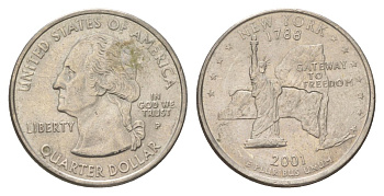 США 25 центов (квотер, 1/4 доллара) 2001 P, Квотер штата Нью-Йорк KM 318 медь плакированный медно-никелем UNC 4628-1144