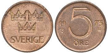 Швеция 5 эре 1973 U, Густав VI Адольф (1950-1973) KM 845 бронза 4609-1029