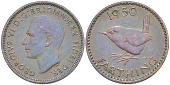 Великобритания 1 фартинг 1950 Георг VI (1936-1952) KM 867, Spink 4119 бронза 4543-1121