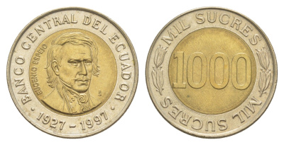 Эквадор 1000 сукре 1997 70 лет Центробанку KM 103 биметалл UNC 4641-744
