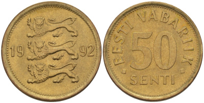 ЭСТОНИЯ 50 ЦЕНТОВ 1992 KM 24 латунь UNC 66-734