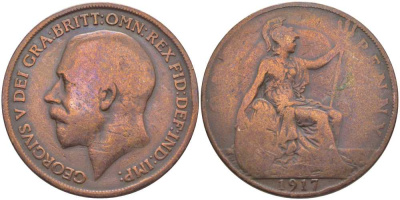 Великобритания 1 пенни 1917 Георг V (1910-1936) KM 810, Spink 4051 бронза 111-1246
