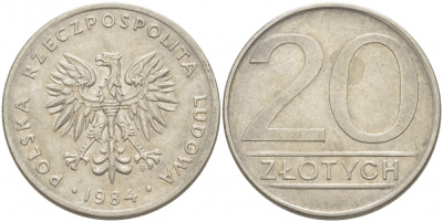 ПОЛЬША 20 ЗЛОТЫХ 1984 MW KM 153.1 медно-никель 213-837