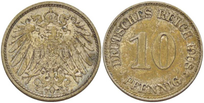 ГЕРМАНИЯ 10 ПФЕННИГОВ 1908 E KM 12, J. 13, Weege 8 медно-никель 212-122