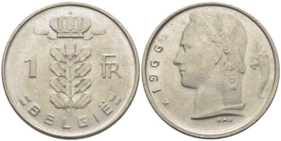 БЕЛЬГИЯ 1 ФРАНК 1966 BELGIE, БОДУЭН I (1951-1993) KM 143.1 медно-никель 119-551