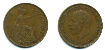 Великобритания 1 пенни 1929 Георг V (1910-1936) KM 838, Spink 4055 бронза 41-1021