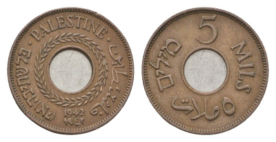 Израиль, Палестина 5 милей (милсов) 1942 Британская Палестина KM 3a бронза 5010-1921