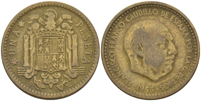 Испания 1 песета 1953 (?) Франсиско Франко (1939-1975) KM 775 алюминиевая бронза 3336-342