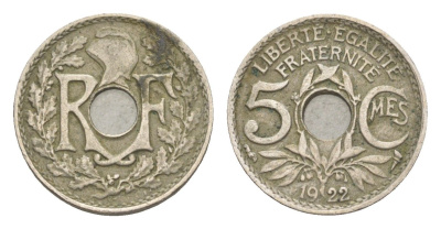 Франция 5 сантимов 1922 KM 875 медно-никель 4174-219
