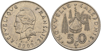 Французская Новая Каледония 50 франков 2009 хижина среди сосен и пальм, (IEOM) KM 13a, Schoen 15a, Lec 128i медно-никель 4111-945