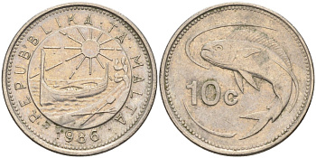 Мальта 10 центов 1986 золотая макрель KM 76 медно-никель 4588-153