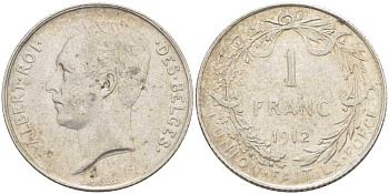 Бельгия 1 франк 1912 Альберт I (1909-1934), Des Belges KM 72 серебро 202-1124