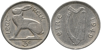 Ирландия 3 пенса 1949 заяц KM 12а медно-никель 4387-1034