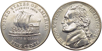 США 5 центов 2004 D, серия 200 лет экспедиции Льюиса и Кларка, лодка KM 361 медно-никель UNC M20-17