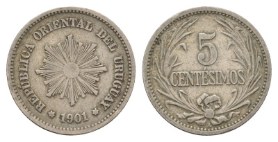 Уругвай 5 сентесимо 1901 KM 21 медно-никель 4675-634