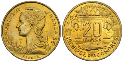 Французские Коморские острова 20 франков 1964 рыба KM 8 алюминиевая бронза UNC 1527-914