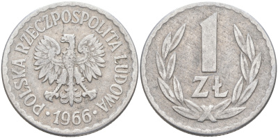 ПОЛЬША 1 ЗЛОТЫЙ 1966 MW KM 49.1 алюминий 106-526