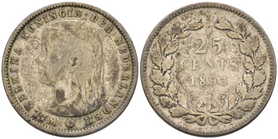 Нидерланды 25 центов 1893 Вильгельмина (1890-1948) KM 115 серебро 4576-759