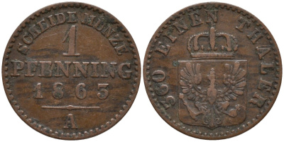 Пруссия 1 пфенниг 1863 А, Вильгельм I (1861-1888) KM 480 медь 4532-435