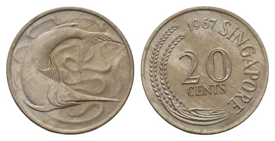Сингапур 20 центов 1967 KM 4 медно-никель BU 4671-415