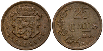 Люксембург 25 сантимов 1946 Шарлотта (1918-1964) KM 45 бронза 4532-228