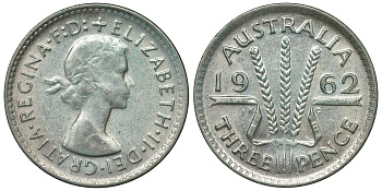Австралия 3 пенса 1962 m, Елизавета II (1952-2022) KM 57 серебро 71-828